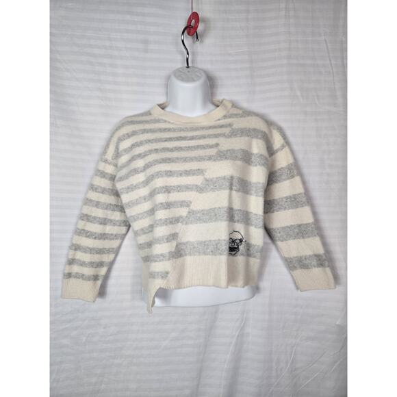 SKULL CASEHMERE Sweater Crop Top Wome'ns Stripped 3/4 Sleeve Ivory - Picture 1 of 9